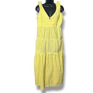 Old Navy‎ Yellow White Gingham Plaid Tiered Smocked Dress LCottagecore Country